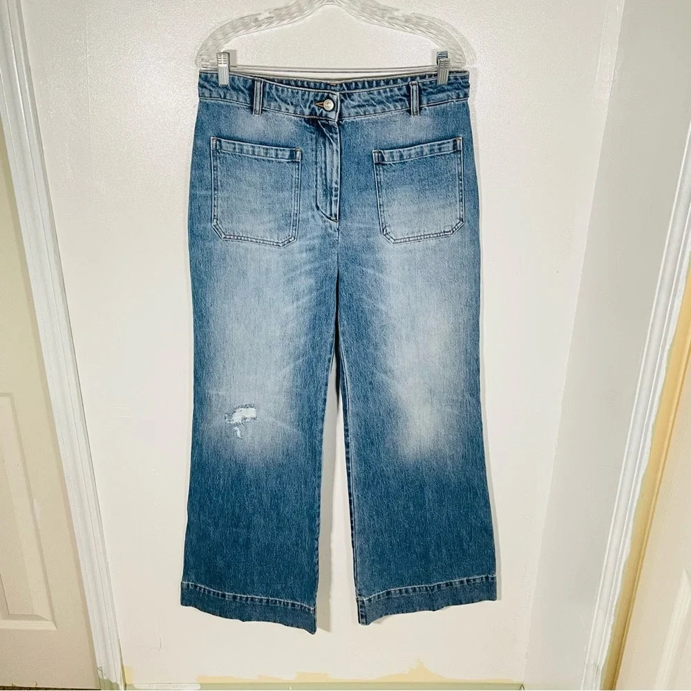 Victoria Beckham Alina High Waist Wide Leg Jeans Worn Blue Wash Distressed Denim - Picture 3 of 11